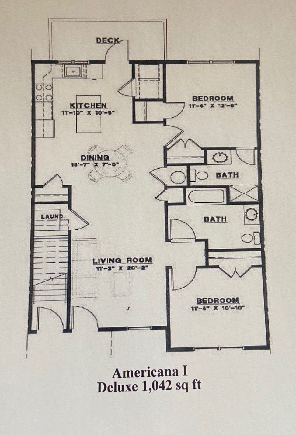 Floor plan for 2 beds, 2 baths, 1042 sqft